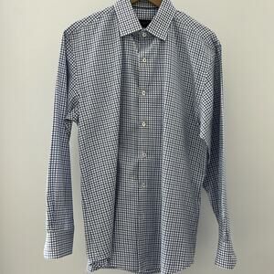 BUGATCHI plaid trim fit cotton dress shirt blue white size 16.5 34/35